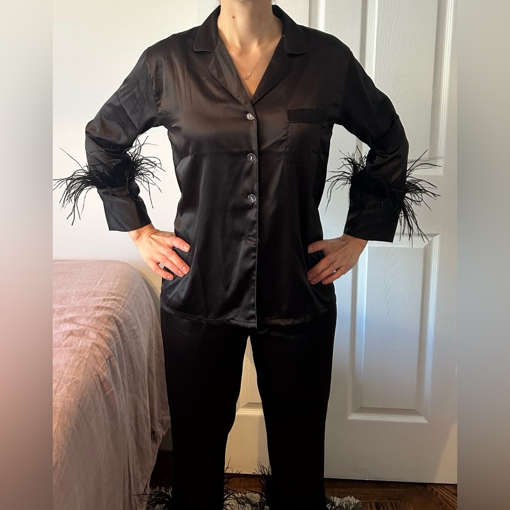 Black satin pajama set with faux feather trim